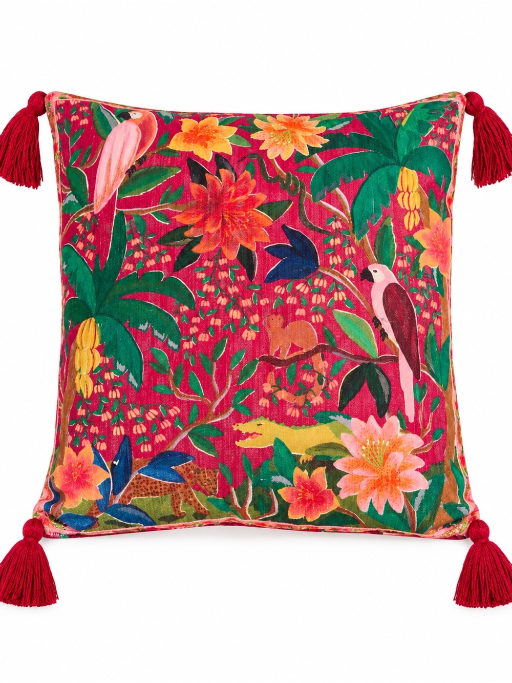 NWT Farm Rio x Anthropologie Red Tropical Tassel Outdoor Pillow 18x18 HTF